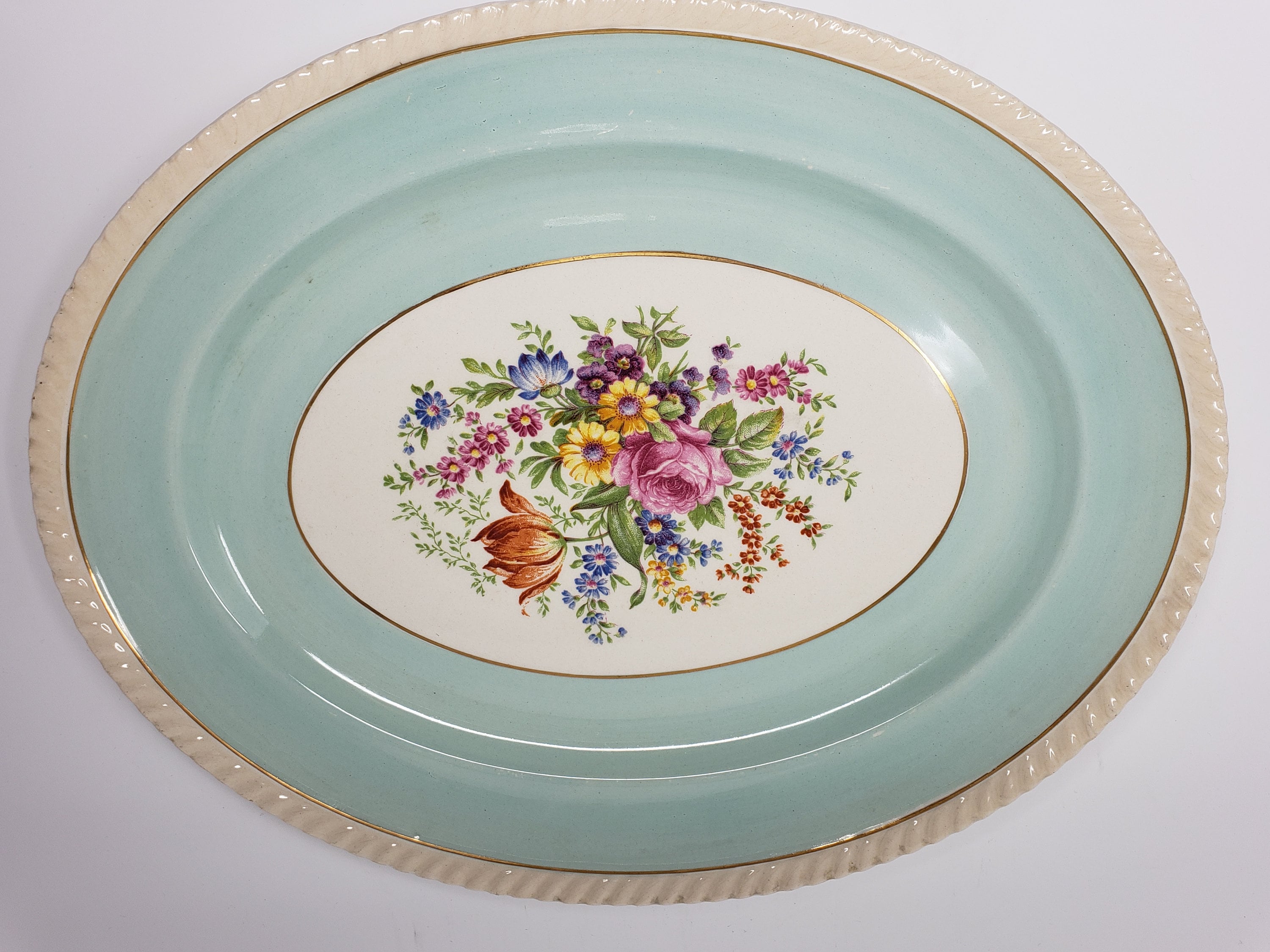Vintage JOHNSON BROS. Old English Aqua Floral Made in England Platter 14.