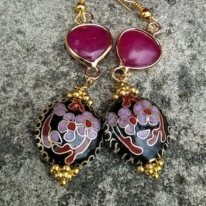 Vintage Cloisonne Drop Dangle earrings, Peach-bow wire wrapped Jade, W/ Round Puffy Floral Beads, Old Chinese Enamel wire work, Gold tone