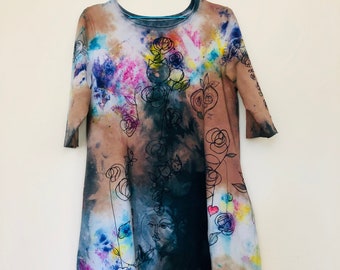 Unique hand dyed and painted cotton dress with 3/4 slevees and pockets, Vegan Dress, knit cotton Tunic, hand painted pattern by Tati