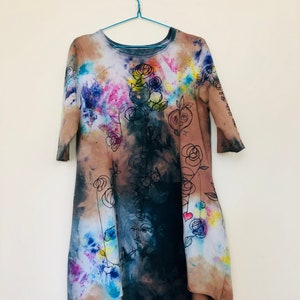 Unique hand dyed and painted cotton dress with 3/4 slevees and pockets, Vegan Dress, knit cotton Tunic, hand painted pattern by Tati image 1