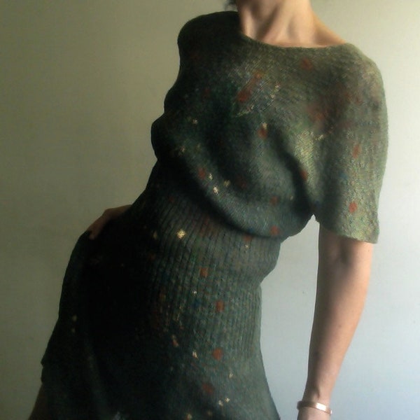 robe verte unique, robe midi d’été, robe en tricot de coton doux, robe végétalienne en coton cool, peinte à la main, une robe teint à la main unique en son genre par Tati