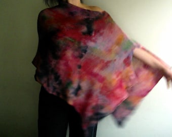 cotton PONCHO, knit colorfull cape, red wrap, scarf, overtop cotton knit,unique VEGAN knitwear,color therapy, hand-dyed art clothing by Tati