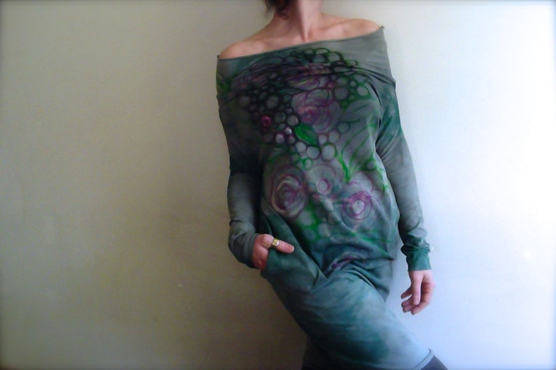 Green Dress with pockets, long sleeve winter, unique Tunic, hand painted flower pattern on cotton vegan dress, ONE of a kind dress by Tati image 4