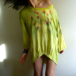 Hand-Painted Lyocell Tunic: Light Green Oversized Blouse with Flowers