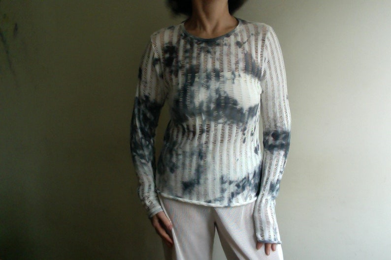 Openwork cotton knit blouse, unique, hand-dyed summer sweater, vegan sweater,cotton long-sleeved T-shirt, hand-painted cotton blouse by Tati image 6