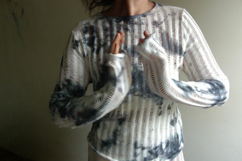 Openwork cotton knit blouse, unique, hand-dyed summer sweater, vegan sweater,cotton long-sleeved T-shirt, hand-painted cotton blouse by Tati image 5