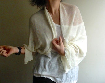 White Linen Bolero: Asymmetric knit linen Shrug-Cardigan