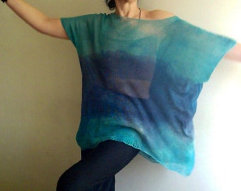 Leinen Tunika, Poncho, Leinen T-SHIRT, Kimono Bluse, Oversize Leinen Top, blaues Shirt, handgefärbte Unikat Leinen Strickmode vegane Mode von Tati