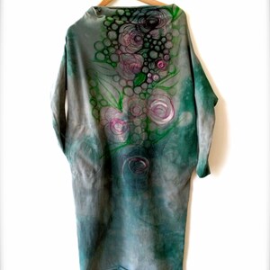 Green Dress with pockets, long sleeve winter, unique Tunic, hand painted flower pattern on cotton vegan dress, ONE of a kind dress by Tati image 5