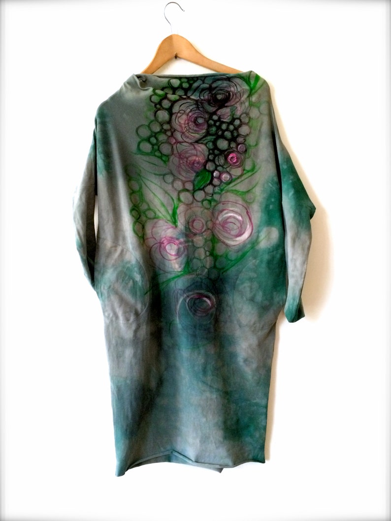 Green Dress with pockets, long sleeve winter, unique Tunic, hand painted flower pattern on cotton vegan dress, ONE of a kind dress by Tati image 5