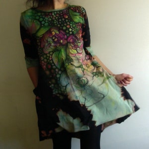 unique mini dress, autumn dress, cotton Tunic, hand painted flower cotton Dress, dress with pockets, vegan fashion Flower Power by Tati