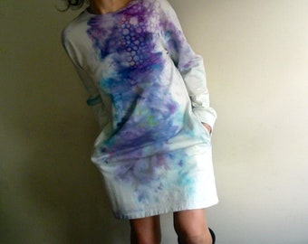 cotton sweatshirt dress with pocket, hand dyed cotton winter dress, a comfortable oversize tunic, hand painted unique vegan dress by Tati