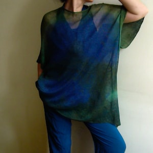 Linen Tunic, linen knit T-SHIRT, kimono blouse, oversize linen top, blue green shirt, hand-dyed unique linen knitwear vegan fashion by Tati image 8