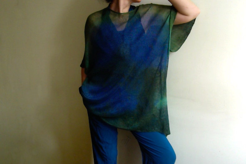 Linen Tunic, linen knit T-SHIRT, kimono blouse, oversize linen top, blue green shirt, hand-dyed unique linen knitwear vegan fashion by Tati image 8