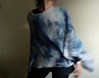 cotton PONCHO, knit blue cape, wrap overtop cotton knit, unique VEGAN knitwear, color therapy, hand-dyed cotton clothing, blue scarf by Tati