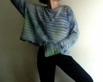 Hand-Dyed Openwork Cotton Sweater: Oversized Knit Kimono Blouse