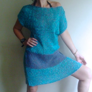 Hand Knit Linen Cotton Dress: Blue Midi Tunic, Vegan Knitwear