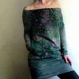 Green Dress with pockets, long sleeve winter, unique Tunic, hand painted flower pattern on cotton vegan dress, ONE of a kind dress by Tati image 1