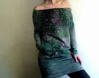 Green Dress with pockets, long sleeve winter, unique Tunic, hand painted flower pattern on cotton vegan dress, ONE of a kind dress by Tati