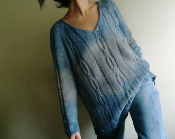 unique knitted cotton/linen sweater, hand-dyed, skin-friendly sweater, sustainable knitted sweater, upcycled, vegan blue pullover by Tati