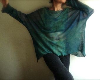 emerald linen kimono blouse, Oversize, unique tunic, loose linen plus size shirt,hand-dyed linen top, one of the kind VEGAN knitwear by Tati