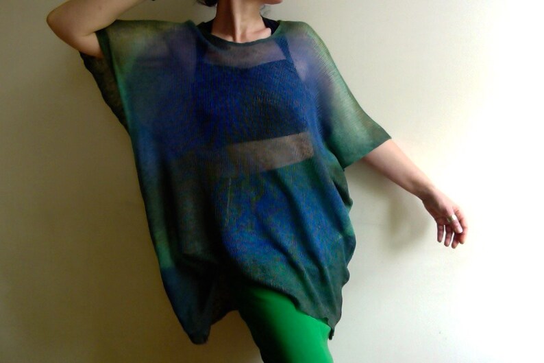 Linen Tunic, linen knit T-SHIRT, kimono blouse, oversize linen top, blue green shirt, hand-dyed unique linen knitwear vegan fashion by Tati image 5