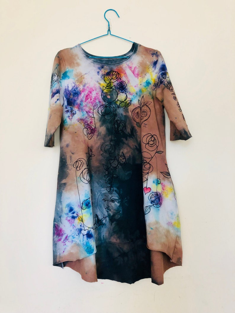 Unique hand dyed and painted cotton dress with 3/4 slevees and pockets, Vegan Dress, knit cotton Tunic, hand painted pattern by Tati image 1