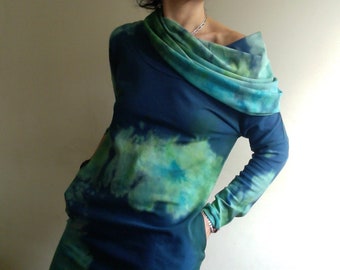 Hand-Painted Cotton Hoodie Dress: Blue-Green Knit Tunic, Vegan S/M