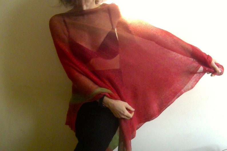 red linen poncho natural linen PONCHO red end green VEGAN sustainable knitwear by Tati image 8