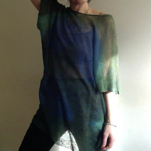 Linen Tunic, linen knit T-SHIRT, kimono blouse, oversize linen top, blue green shirt, hand-dyed unique linen knitwear vegan fashion by Tati image 2