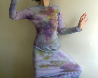 Long pencil dress, knitting dress, fitted long dress, long sleeve dress, unique violet maxi dress, colorfull VEGAN dress hand dyed by Tati