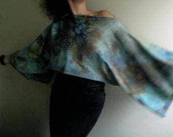 hand painted unique kimono blouse, sweater short cropped cotton oversized kimono top, jumper womens pullovers blue vegan FLY by Tati