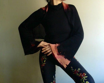Czarny Kimono Kardigan, kolorowa Narzutka z bawełny, kimono, okrycie ramion, dzianina unikatowa, szal z dzianiny by Tati