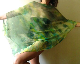 Hand-Dyed Knitted Linen Poncho Scarf: Green Kimono Top, scarf