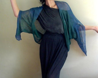 May include: A sheer blue and green shawl with a long, flowing design. The shawl is draped over a person wearing a black top and black pants.