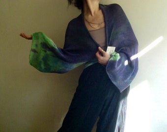 cotton Bolero shrug,Poncho, blue green Cape,Knitted cotton kimono Wrap,navy blue shawl, hand dyed cotton knit cardigan, unique vegan fashion