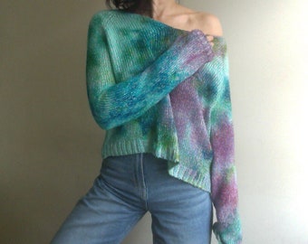 unique knitted cotton sweater, colorful, hand-dyed, skin-friendly sweater, women's knitted sweater, recycled yarn, vegan sweater by Tati