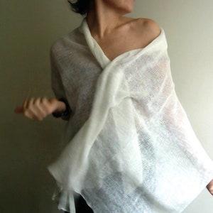White Linen Knit Scarf: Organic Wedding Shawl