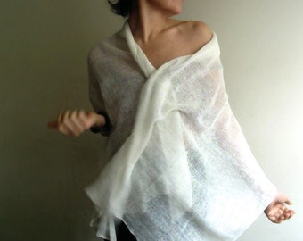 White, Pure Linen  Shawl|Wrap, Sheer Loose Knit Scarf, Boho Wedding Cover Up