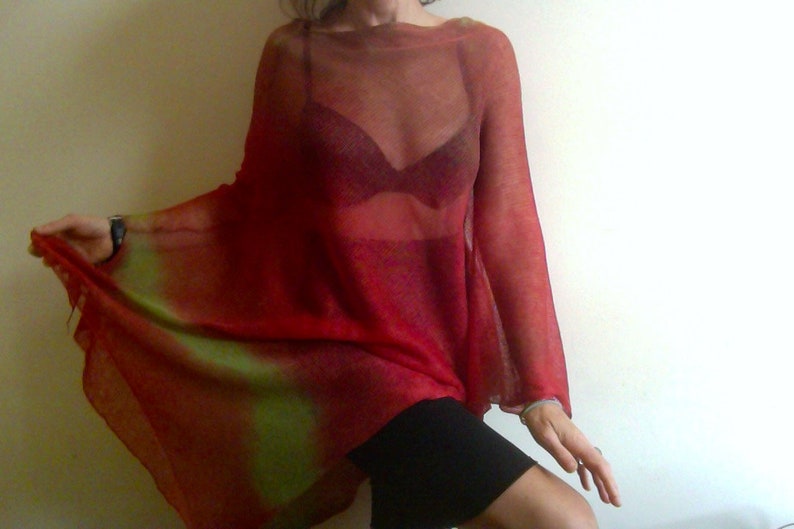 red linen poncho natural linen PONCHO red end green VEGAN sustainable knitwear by Tati image 9