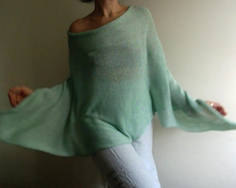 light green cotton PONCHO, knit cape, wrap overtop, soft cotton knit,unique VEGAN knitwear, color therapy, green, light cotton scarf by Tati