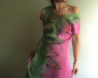 Hand-Painted Knit Cotton Midi Dress: Pink & Green Summer Dress