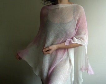 unique light linen poncho, kimono wrap, linen overtop, linen knit, VEGAN scarf, linen shawl, White Rose linen, hand-dyed linen knit by Tati