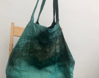 Linen tote bag, hand-dyed linen, linen shopping bag, Large Vegan Bag, recycled linen bag, unique Bag, Reusable Bag, vegan Bag Petol by Tati