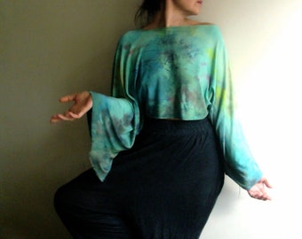 hand-painted unique kimono blouse, universal bamboo knit top, multifunctional, hand-dyed bolero, art shawl, poncho, green joga top by Tati