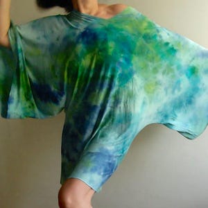 colorfull mini kimono DRESS, hand painted kimono tunic, unique hand-dyed bamboo knit dress, vegan unique, ART fashion, hand painted by Tati