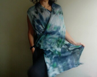 Unique cotton scarf, blue & green shawl hand-dyed cotton, knit shawl, idea for gift, cotton large Shawl, vegan scarf, one of a kind by Tati