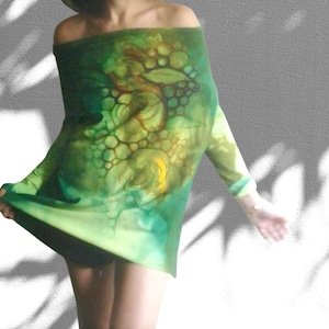 Hand-Painted Green Cotton Tunic: Vegan Open Shoulder Blouse