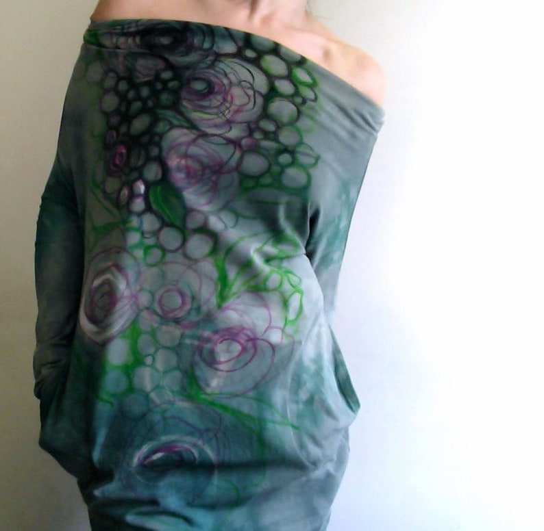 Green Dress with pockets, long sleeve winter, unique Tunic, hand painted flower pattern on cotton vegan dress, ONE of a kind dress by Tati image 8
