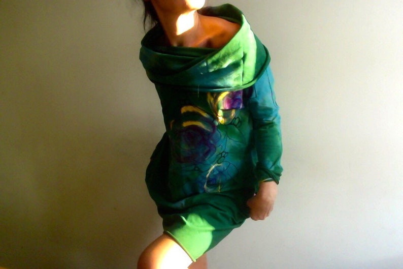 Knitted dress, cotton, green kimono dress, casual tunic with sleeve, chimney, with pocket, hand-painted sweatshirt Vegan by Tati FLOwears image 8